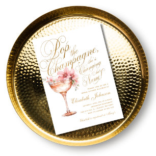Pink Gold Floral Pop the Champagne Bridal Shower Invitation