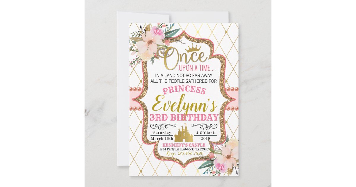 Pink Gold Floral Princess Birthday Invitation | Zazzle