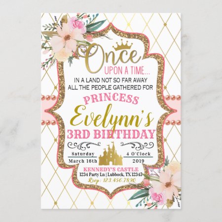 Pink Gold Floral Princess Birthday Invitation
