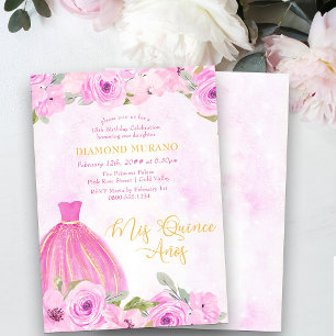 Pink Gold Floral Princess Dress Mis Quince Anos Invitation