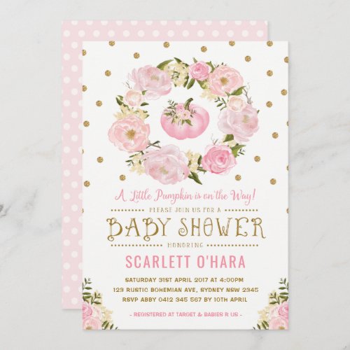 Pink  Gold Floral Pumpkin Baby Shower Invitation