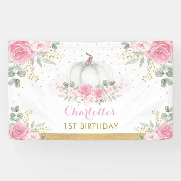 Pink Gold Floral Pumpkin Birthday Baby Girl Party Banner