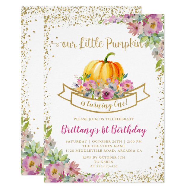 Pink Gold Floral Pumpkin Fall Birthday Invitation