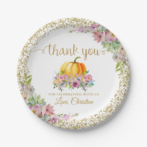 Pink Gold Floral Pumpkin Fall Party Thank You Paper Plates