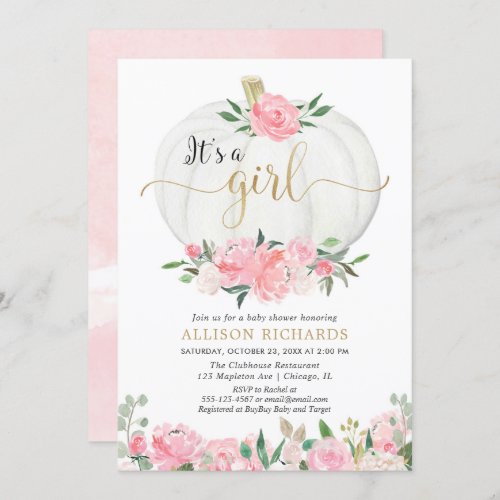 Pink gold floral pumpkin Its a girl baby shower Invitation