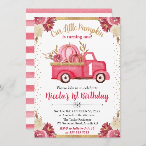 Pink  Gold Floral Pumpkin Truck Fall 1st Birthday Invitation