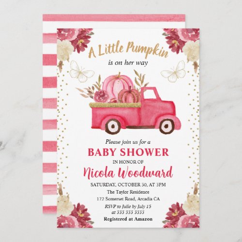 Pink  Gold Floral Pumpkin Truck Fall Baby Shower Invitation