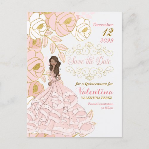 Pink Gold Floral Quincanera Save the Date Announcement Postcard
