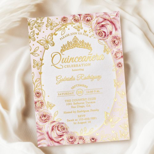 Pink Gold Floral Quinceanera Foil Invitation