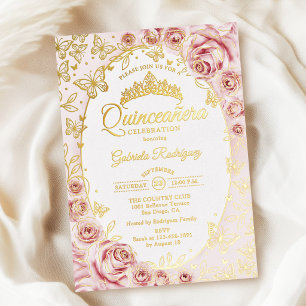 Pink Gold Floral Quinceanera Foil Invitation