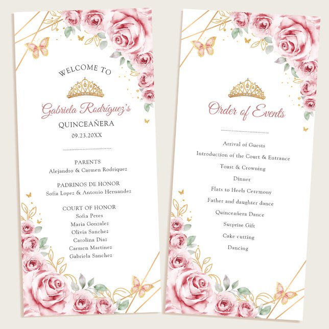 Pink Gold Floral Quinceanera Order of Events Program (Creator Uploaded)