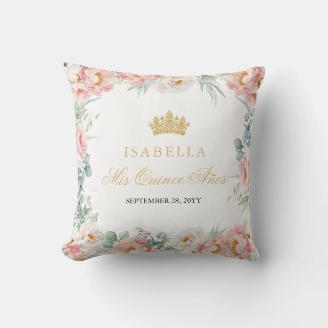 Pink & Gold Floral Quinceañera Throw Pillow (Front)