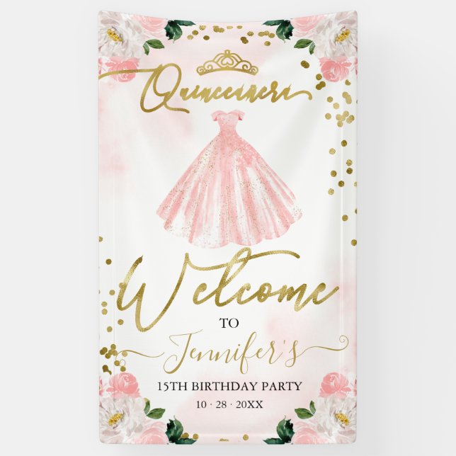 Pink Gold Floral Quinceanera Welcome Sign (Vertical)