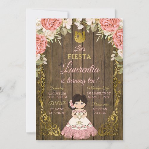 Pink  Gold Floral Rose Sweet Girl Wood Birthday Invitation