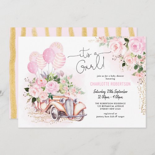 Pink Gold Floral Rose Vintage Car Girl Baby Shower Invitation