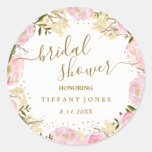 Pink Gold Floral Rose Watercolor Bridal Shower Classic Round Sticker
