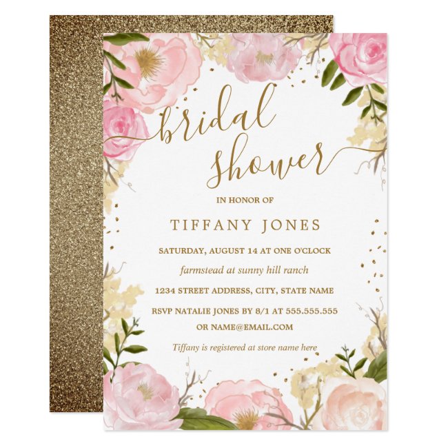 Pink Gold Floral Rose Watercolor Bridal Shower Invitation