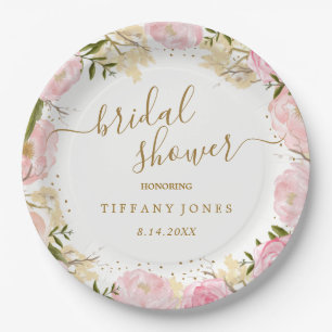 Pink Gold Floral Rose Watercolor Bridal Shower Paper Plates
