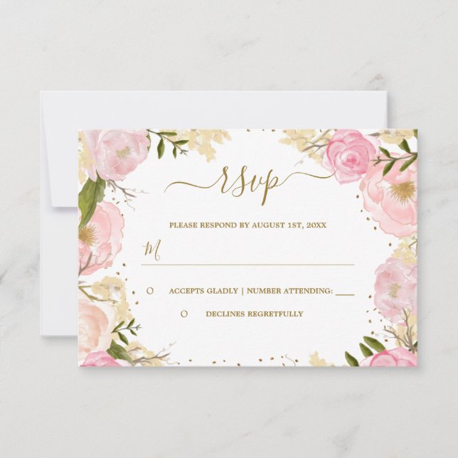 Pink Gold Floral Rose Watercolor RSVP (Front)