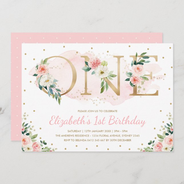 Pink Gold Floral Roses 1st First Birthday Party Invitation (Front/Back)