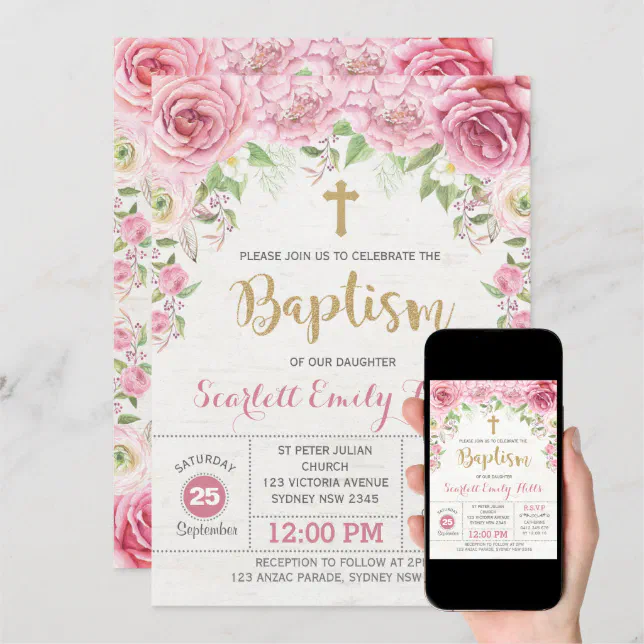 Pink Gold Floral Roses Girl Baptism Invitation | Zazzle