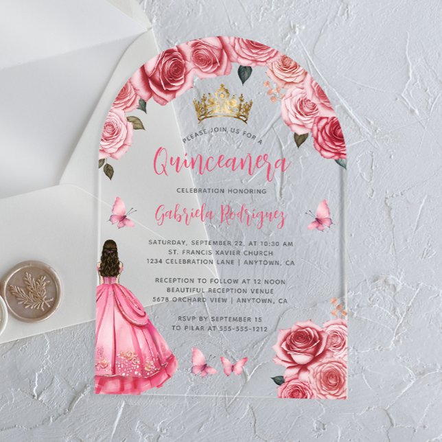 Pink Gold Floral Roses Watercolor Quinceañera Acrylic Invitations (Creator Uploaded)