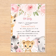Pink Gold Floral Safari Animals Baby Shower Invita