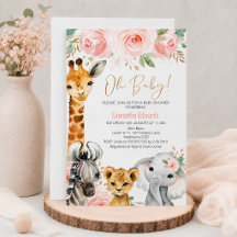 Pink Gold Floral Safari Animals Baby Shower Invita