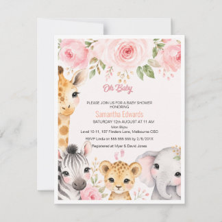 Pink Gold Floral Safari Animals Baby Shower Invita RSVP Card