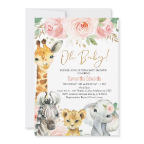 Pink Gold Floral Safari Animals Baby Shower Invitation