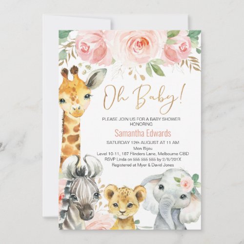 Pink Gold Floral Safari Animals Baby Shower Invitation