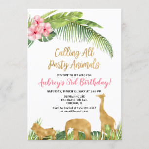 Pink gold floral safari animals girl birthday invitation