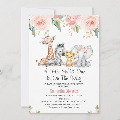 Pink Gold Floral Safari Babies Baby Shower Invitation - Pink Gold Floral Safari Babies Baby Shower Invitation

Pretty and delicate pink colored floral baby shower invitation featuring some pink roses floral arrangements with a hint of green and gold foliage and four cute watercolor safari animals.