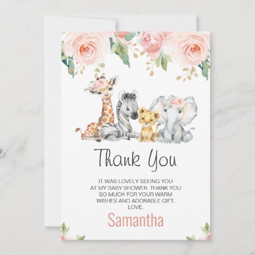 Pink Gold Floral Safari Baby Shower Thank You Card - Pink Gold Floral Safari Baby Shower Thank You Card 

Pretty and delicate pink colored floral baby shower thank you card featuring some pink roses floral arrangements with a hint of green and gold foliage and four cute watercolor safari animals. This safari themed baby shower thank you card is a lovely way to thank guests for coming to your baby girl's baby shower.