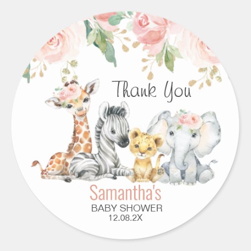 Pink Gold Floral Safari Baby Shower Thank You  Classic Round Sticker - Pink Gold Floral Safari Baby Shower Thank You Classic Round Sticker

Pretty and delicate pink colored floral baby shower thank you sticker featuring some pink roses floral arrangements with a hint of green and gold foliage and four cute watercolor safari animals. This safari themed baby shower favor sticker is a lovely way to thank guests for coming to your baby girl's baby shower.