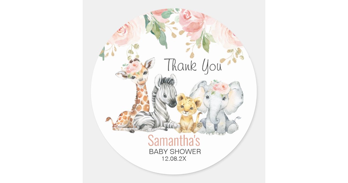 Pink Gold Floral Safari Baby Shower Thank You Classic Round Sticker ...