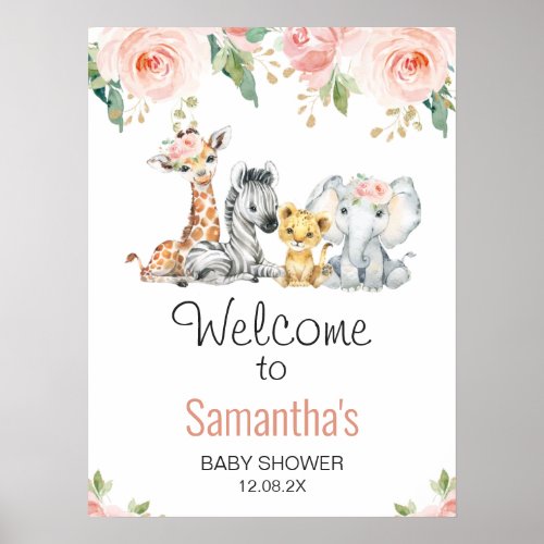 Pink Gold Floral Safari Baby Shower Welcome Sign