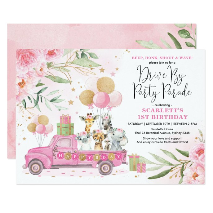 Pink Gold Floral Safari Drive By Birthday Parade Invitation