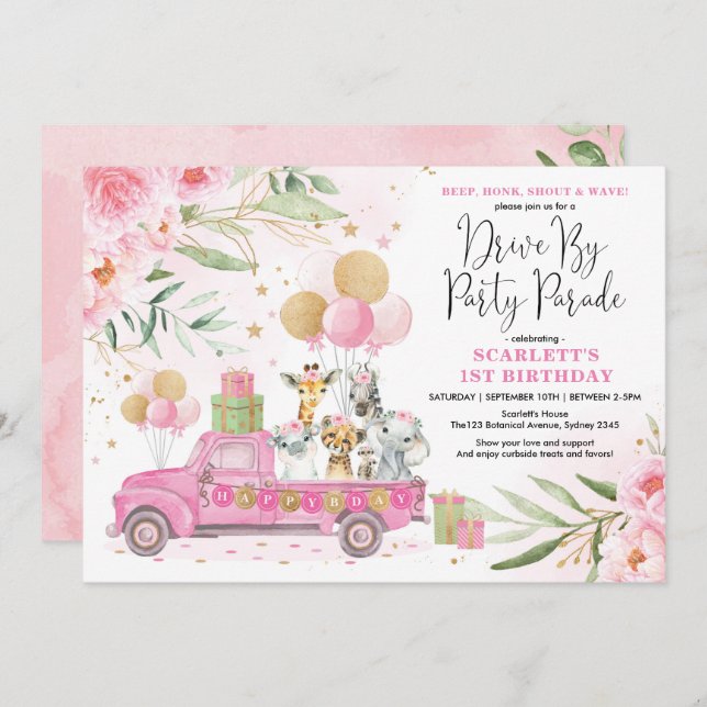 Pink Gold Floral Safari Drive By Birthday Parade Invitation (Front/Back)