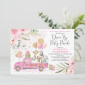 Pink Gold Floral Safari Drive By Birthday Parade Invitation (Standing Front)