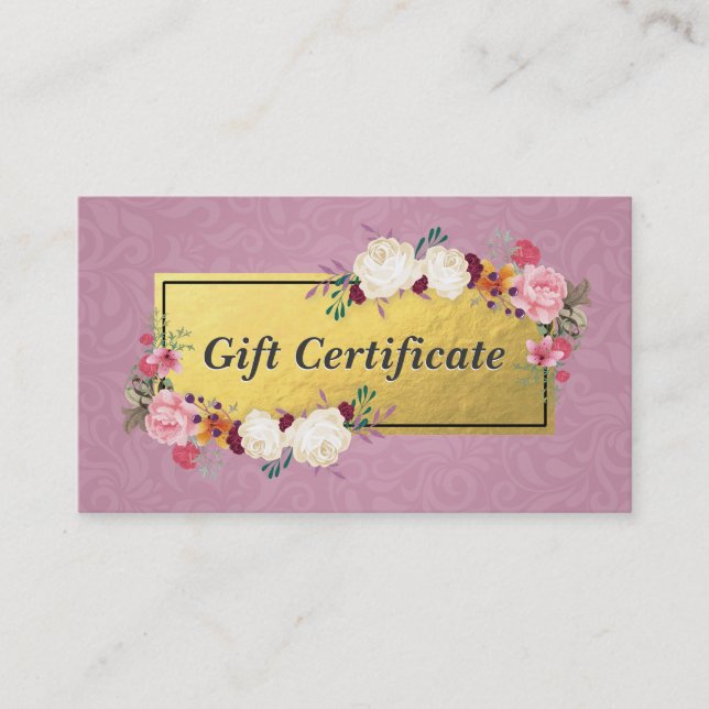Pink Gold Floral Salon Boutique Gift Certificate (Front)
