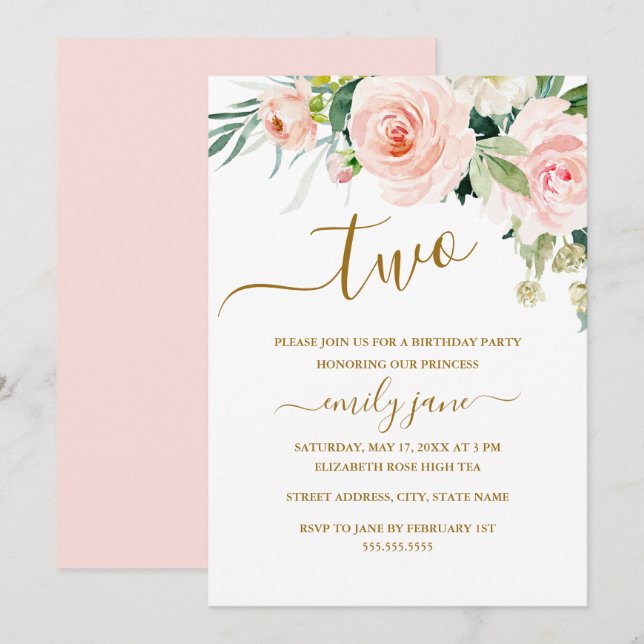 Pink Gold Floral Second 2nd Birthday Party Invitation (Front/Back)