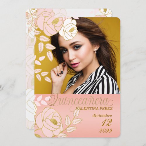 Pink Gold Floral Spanish Quinceanera with Photo Invitation