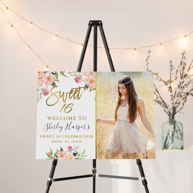 Pink Gold Floral Sweet 16 Birthday Photo Welcome  Foam Board (In Situ (Stand))
