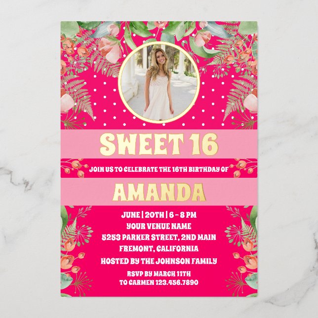 Pink Gold Floral Sweet 16 Party Photo Foil Invitation (Front)