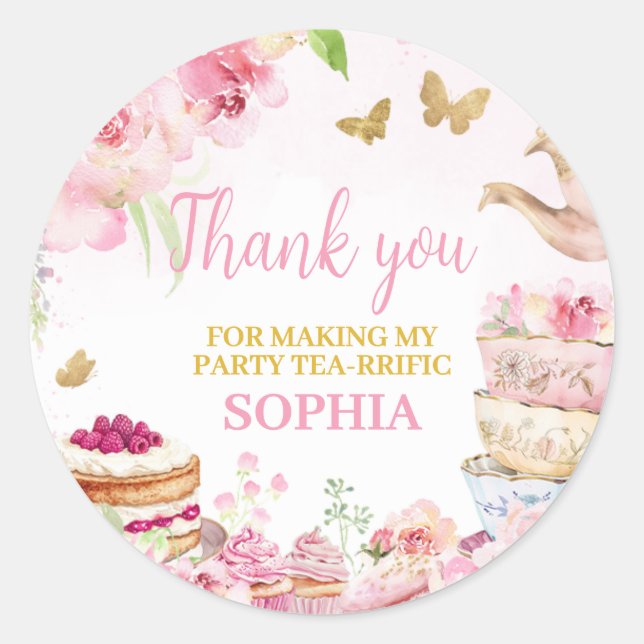 Pink Gold Floral Tea Par-Tea Birthday Party Classic Round Sticker (Front)