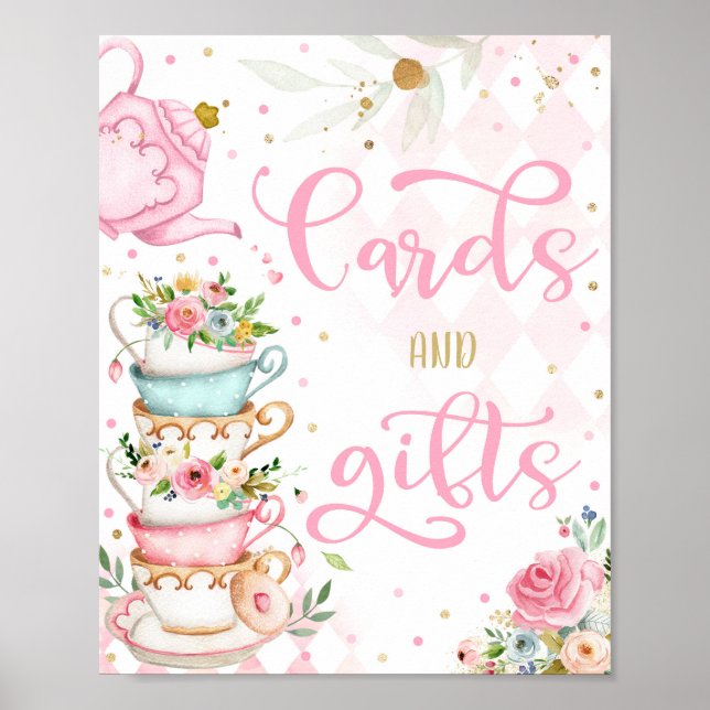 Pink & Gold Floral Tea Party Cards & Gifts Par-Tea Poster (Front)