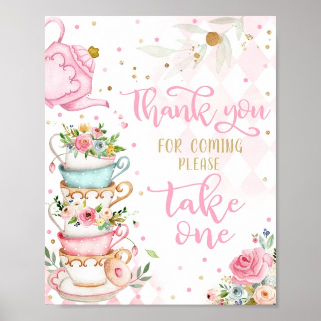 Pink & Gold Floral Tea Party Favors Par-Tea  Poster (Front)