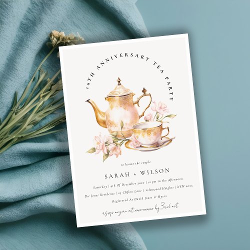 Pink Gold Floral Tea Set Anniversary Tea Party  Invitation