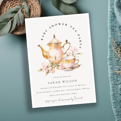 Pink Gold Floral Tea Set Baby Shower Tea Party  Invitation